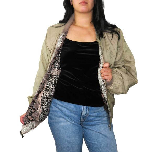 1980s Vintage Brown Snakeskin Reversible Bomber Jacket Large - Picture 8 of 10